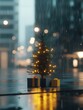 © nattapon - A cozy urban scene featuring a small, illuminated Christmas tree surrounded by colorful gifts on a rainy day, perfect for holiday-themed promotions, greeting cards, or seasonal marketing materials,