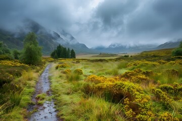 Wall Mural - Serene Misty Landscape with Lush Greenery and a Winding Path