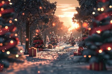 Winter holiday scene with wrapped presents in fresh snow