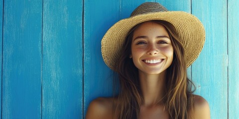 Wall Mural - A person wearing a straw hat stands against a blue wall, ready for an outdoor adventure