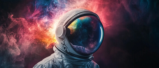 Wall Mural - astronaut helmet with colorful smoke and nebula reflection