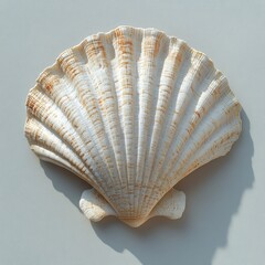 A large scallop shell resting against a smooth surface in bright natural light