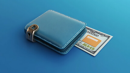 Leinwandbilder - 3d wallet icon with lock, credit card, dollar bill on blue background, saving money, financial business protection concept,3d render illustration