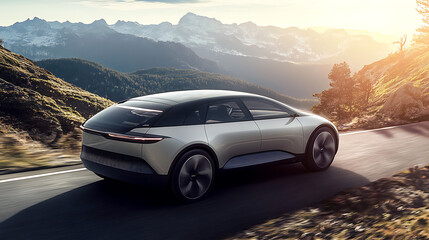Poster - A generic and unbranded modern car running on mountain street, illustration