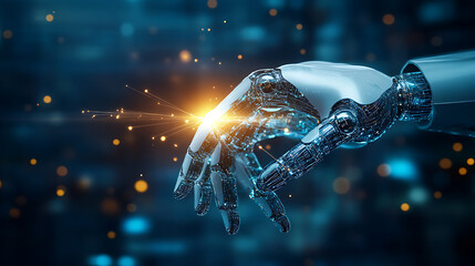 Poster - A robotic hand welding, signifying smart factory operations and the Industry 4,0 revolution, The automation and digital transformation in modern manufacturing processes