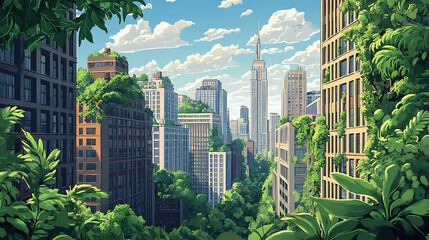 Aufkleber - Green city illustration showcasing a harmonious blend of urban architecture and lush greenery, This image represents a sustainable future where cities and nature coexist in balance