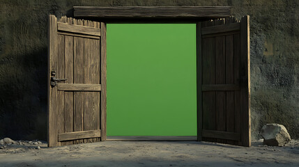 Aufkleber - animation, old wooden door opening to green screen ,chroma key