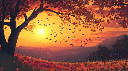 Fototapete - beautiful landscape sunset in autumn