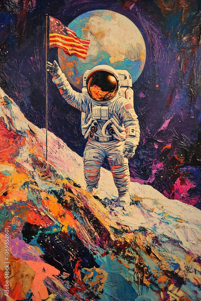 An astronaut planting a flag on an unknown, colorful planet Stock ...