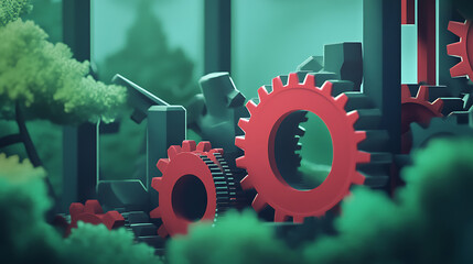 Fototapete - Teamwork, Animated Mechanism Of Rotating Gears