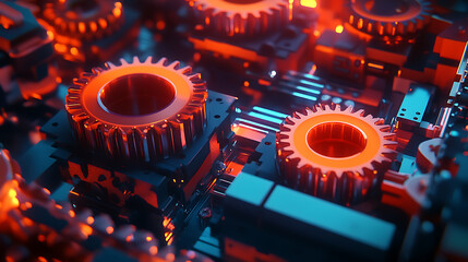 Fototapete - Teamwork, Animated Mechanism Of Rotating Gears