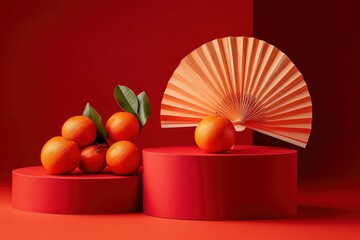 A set of two podiums in red color displayed with handmade paper fan. Fresh tangerines featured. Minimal scene with generative ai