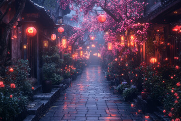 Wall Mural - images of quiet alleyways with softly glowing lights create a sense of intrigue and mystery in urban
