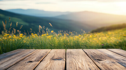 Aufkleber - Wooden table top on blur mountain and grass field, Fresh and Relax concept, For montage product display or design key visual layout, View of copy space