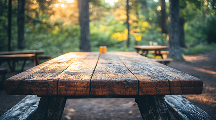 Leinwandbilder - rustic wooden tabletop at a campgrounds in the wood