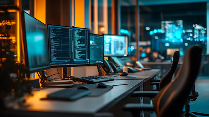 Poster - security system control room, workstation, monitoring room with security data center Empty office, desk and chairs