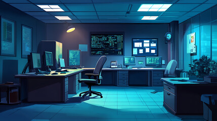 Aufkleber - security system control room, workstation, monitoring room with security data center Empty office, desk and chairs