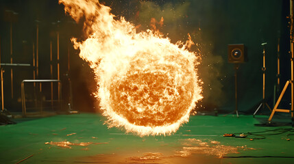 Wall Mural - vertical video, fire ball on green screen