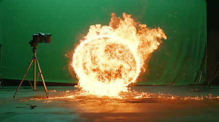 Fototapete - vertical video, Fire ball on green screen