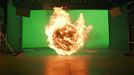Wall Mural - vertical video, fire ball on green screen