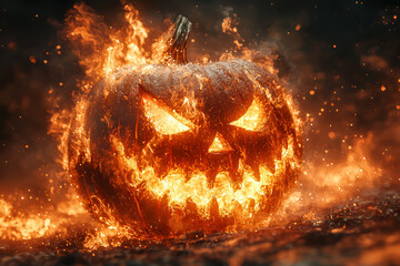 Wall Mural - A twisted jack-o-lantern with fire pouring out of its eyes and mouth as it laughs maniacally adds a sinister touch to Halloween. Concept of fear.