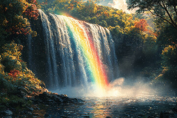 Wall Mural - a rainbow arcing over a waterfall surrounded by greenery captures the magical and serene beauty of n