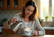 © Karina - Brunette Woman Pouring Tea at Home – Cozy Indoor Tea Time Scene