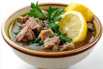 Sticker - A warm bowl of soup with tender meat and a slice of lemon, perfect for a comforting meal