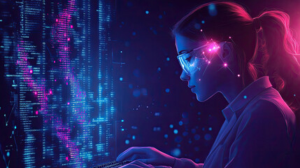 Futuristic woman typing in front of glowing digital data screen