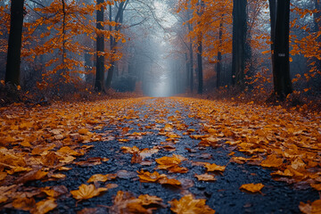 Wall Mural - A forest path covered in golden autumn leaves creates a nostalgic and peaceful scene of seasonal beauty. Concept of beauty in nature.