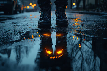 Wall Mural - a demonic face appearing in the reflection of a puddle as someone walks alone at night adds a supern