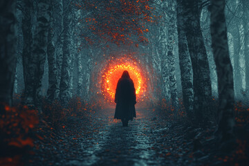 Wall Mural - a dark, eerie forest where whispers seem to come from the trees themselves, and a figure with glowin