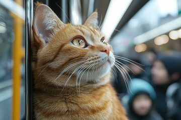 Wall Mural - a cat standing in a crowded subway train, looking tired, reflects the fatigue of city commuting. con