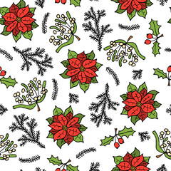 Wall Mural - Christmas seamless pattern made of fir branches with poinsettia.