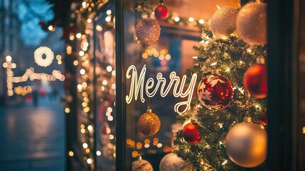 Wall Mural - christmas decorations and lights in a cozy storefront window. christmas shopping. ai generated image