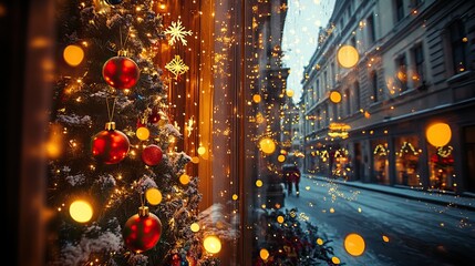 Wall Mural - christmas decorations and lights in a cozy storefront window. christmas shopping. ai generated image