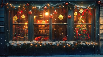 Wall Mural - christmas decorations and lights in a cozy storefront window. christmas shopping. ai generated image