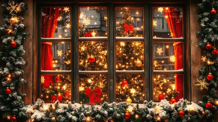 Wall Mural - christmas decorations and lights in a cozy storefront window. christmas shopping. ai generated image