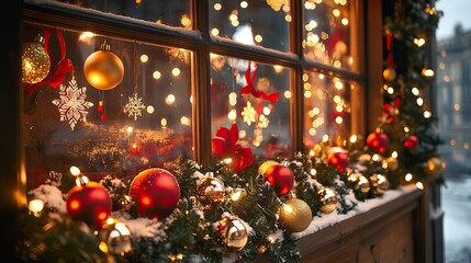 Wall Mural - christmas decorations and lights in a cozy storefront window. christmas shopping. ai generated image