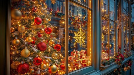 Wall Mural - christmas decorations and lights in a cozy storefront window. christmas shopping. ai generated image