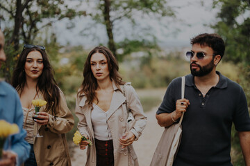 Poster - A group of young friends walking outdoors, carrying yellow flowers and enjoying each other's company. The casual setting and relaxed atmosphere capture a sense of friendship and leisure in nature.