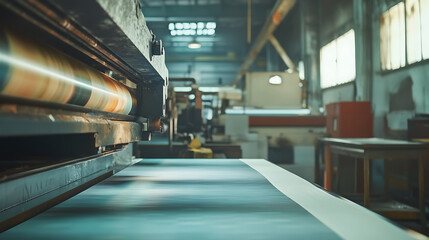 Poster - Close-up of a press printing machine in operation of printing in color, Printing house, publishing industry