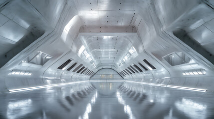 Poster - Clandestine massive hangar sized underground research lab, all white and concrete and chromed surfaces, hyperrealistic science fiction