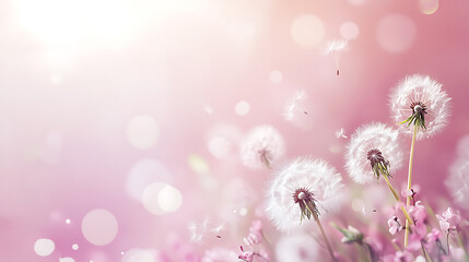 Poster - Dandelion fluff background for aesthetic minimalism style background, Beige, neutral and pastel color wallpaper with elegant and light flying fluffs, Fragile and lightweight