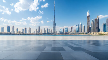 Wall Mural - Empty square floor and city skyline with building background, Dubai