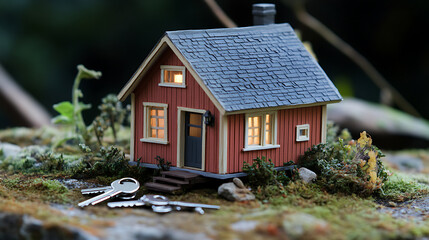 Leinwandbilder - A miniature model of a cozy tiny house with a set of silver keys placed beside it, symbolizing the concept of purchasing a small home or property in the real estate market