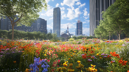 Aufkleber - A lush urban green space flourishes with vibrant wildflowers, showcasing biodiversity amidst the concrete jungle of a bustling city center