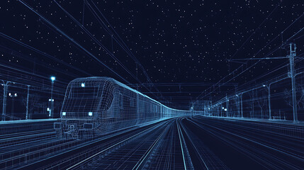 Aufkleber - Abstract polygonal 3d wireframe of modern train at railway station or metro, Digital vector mesh looks like starry sky, Rapid transit system, transportation, railway logistics concept in dark blue