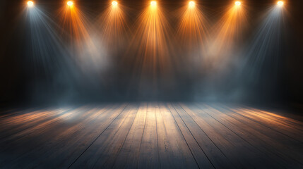 Leinwandbilder - An atmospheric empty stage set on a dark floor, illuminated by vibrant stage lights strategically placed around the perimeter, creating an inviting space for a performance or event