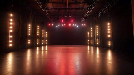 Aufkleber - An atmospheric empty stage set on a dark floor, illuminated by vibrant stage lights strategically placed around the perimeter, creating an inviting space for a performance or event